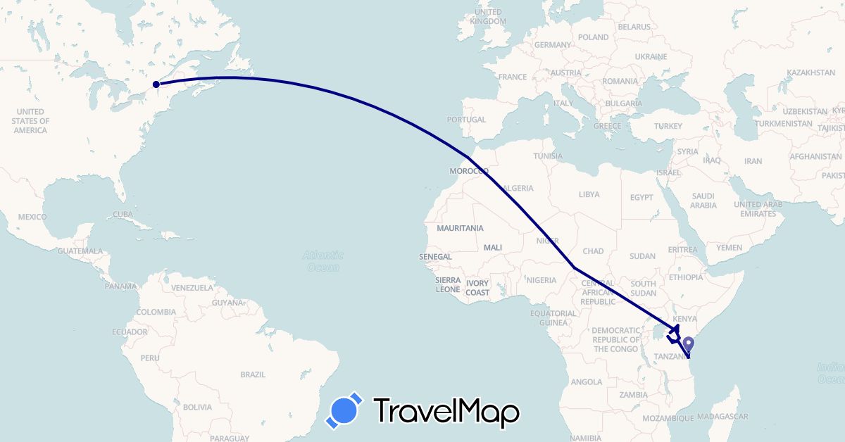 TravelMap itinerary: driving in Canada, Kenya, Morocco, Chad, Tanzania (Africa, North America)